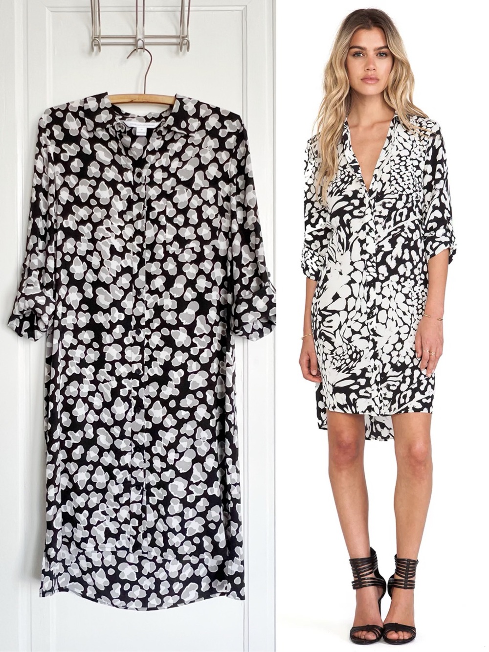 DVF • Prita Silk Print Shirtdress shift mini high low black white grey floral